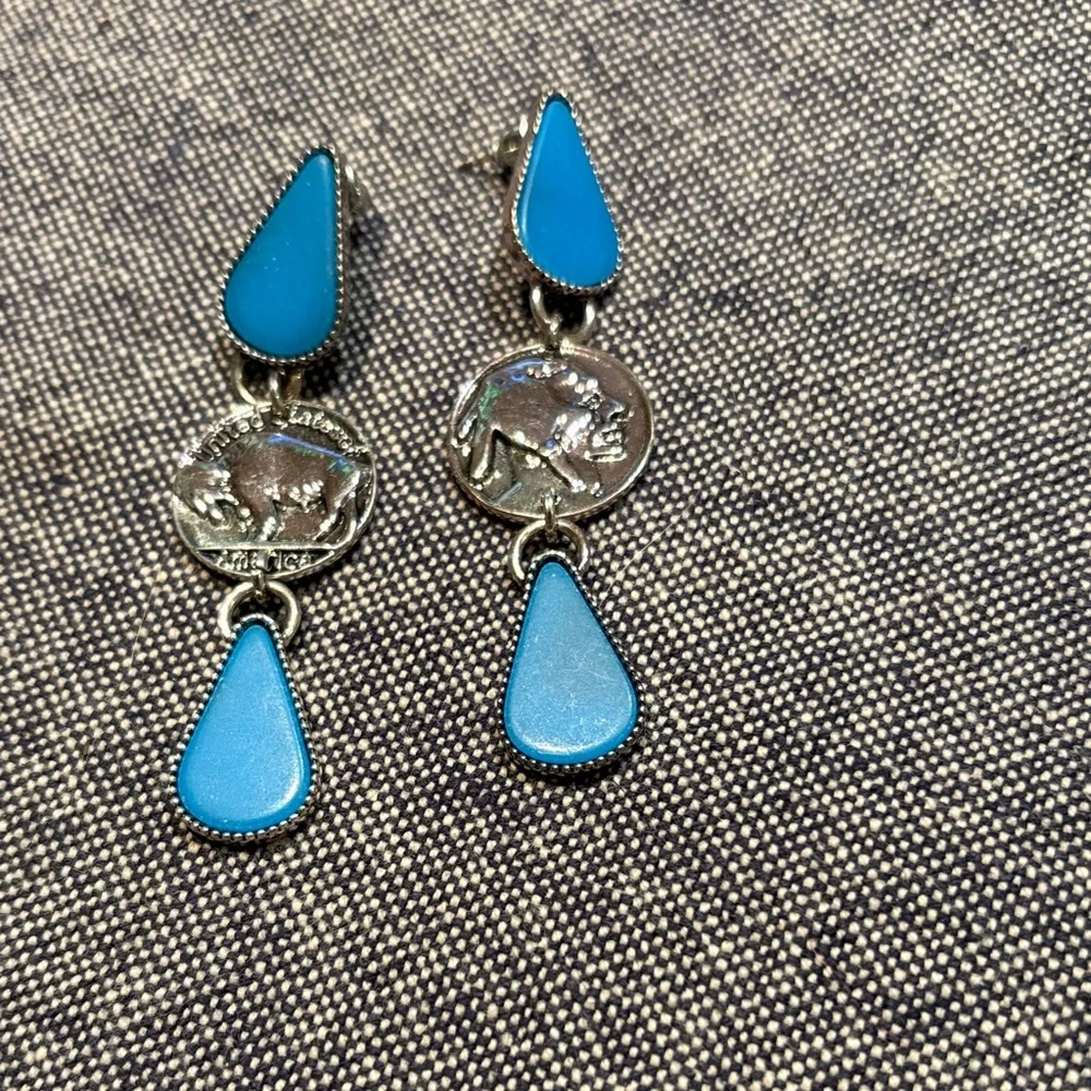 Turquoise Teardrop Buffalo Coin Dangle Earrings Silver Tone Western Boho